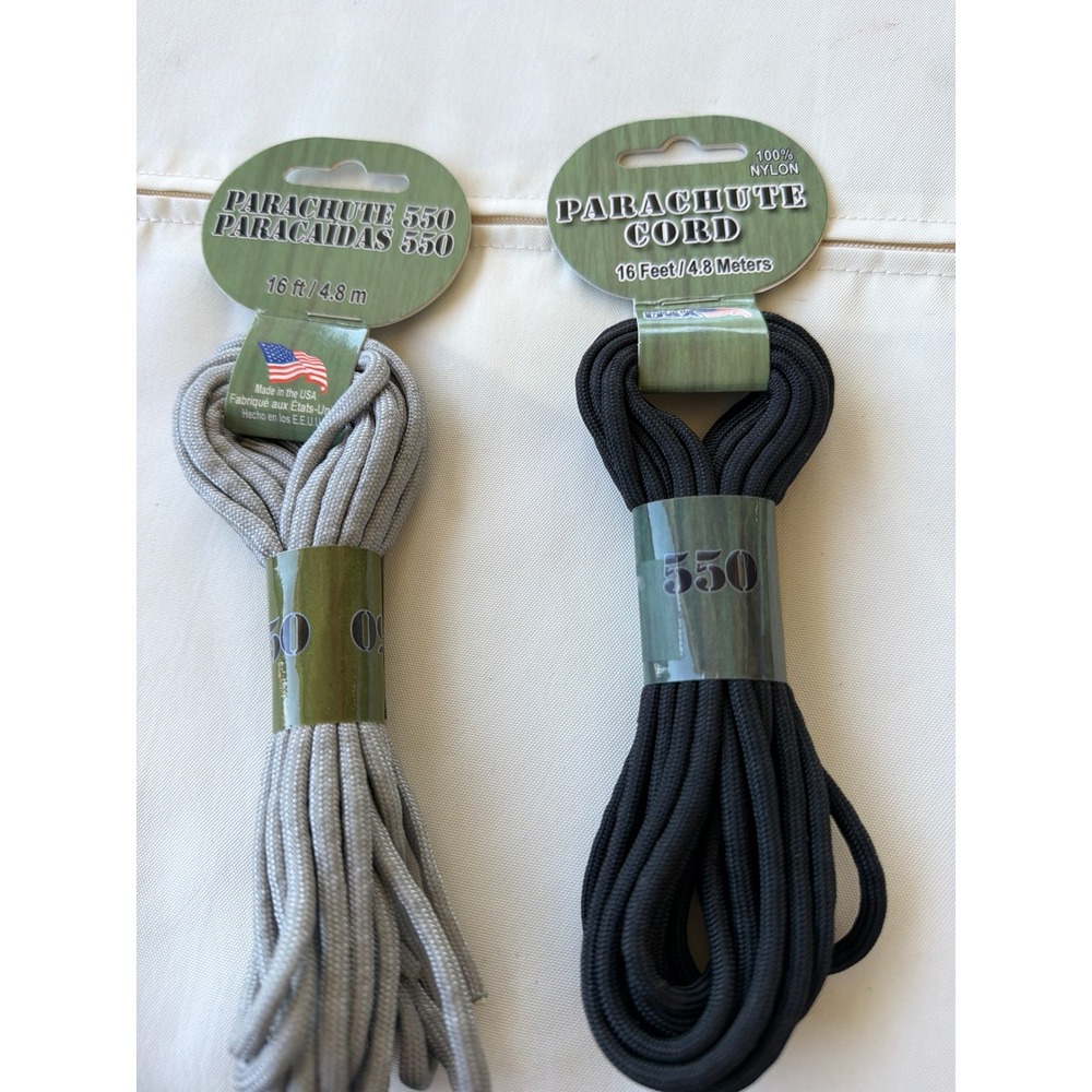 Pepperell 550 Parachute Cord 16ft Nylon Utility Rope Black Grey Set 2pk USA